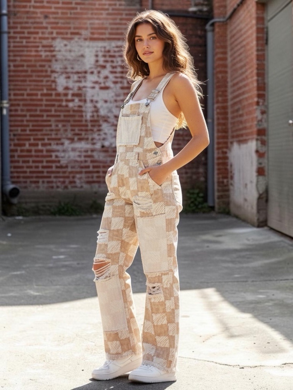 POL Women’s Beige & White Checkered Distressed Relaxed Fit Denim Overalls Size S